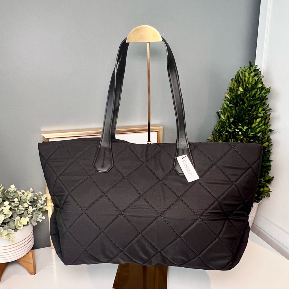 Chico’s Black Quilted Tote Bag Large Shoulder Handbag Nylon Faux Leather NWT
